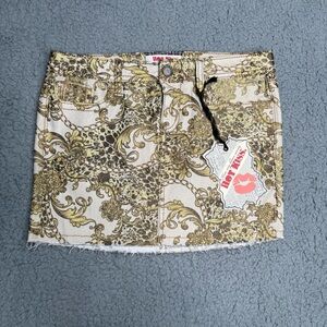 Hot Kiss gold tan baroque leopard print denim mini skirt raw hem NWT size S